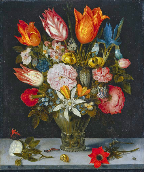 Ambrosius Bosschaert's 1606 oil on copper painting Flowers in a Glass, now at the Cleavland Museum of Art. Bosschaert's arrangement includes a cluster of daffodils in the upper left, but it is the large tulips around the bouquet's top perimeter, Bosschaert's arrangement includes a cluster of daffodils in the upper left, but it is the large tulips around the bouquet's top perimeter, silhouetted against the painting's dark background, that are its crowning glory. Image courtesy of ARTstor. 