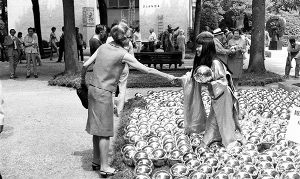 A photograph of Yayoi Kusama's 1966 performance/installation Narcissus Garden. Image courtesy of Yayoi Kusama: Look Now, See Forever. 