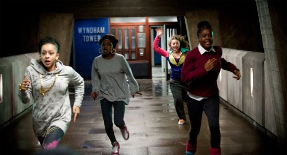 Teenage girls flee Wyndham Tower in Attack the Block. Image courtesy of Attack the Block. 