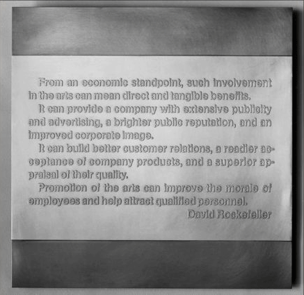 Hans Haacke, On Social Grease (quotation from David Rockefeller's 1966 "Culture and the Corporation's Support of the Arts" speech to the National Industrial Conference Board, one of six panels), 1975, photograph by Walter Russell. Image courtesy of the Tate Gallery. 