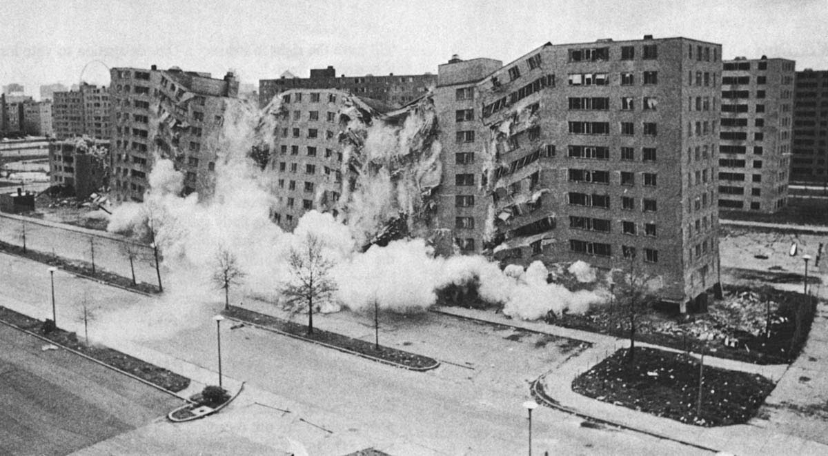 The demolition of part of the Pruitt-Igoe complex, March 1972. Image courtesy of Designerly Thinking. 