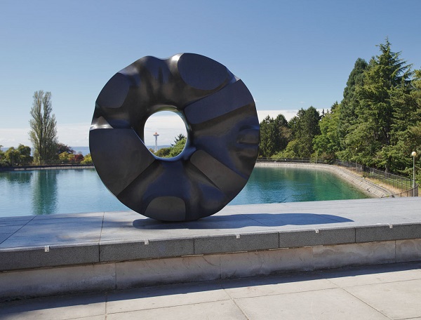 Isamu Noguchi’s Black Sun, 1968, Brazilian black granite, 9 x 3 ft., Volunteer Park, Photo: Spike Mafford Photography. Image courtesy of the Seattle Office of Arts and Culture. 
